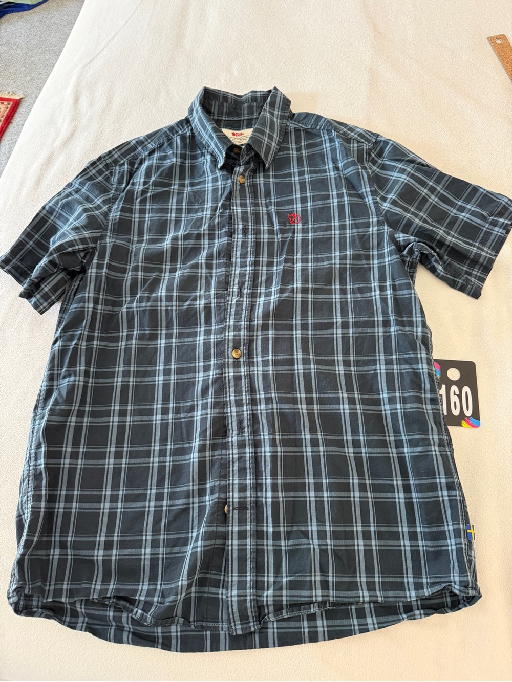 Fjallraven Navy and Light Blue Plaid Short Sleeve Button-Down Shirt